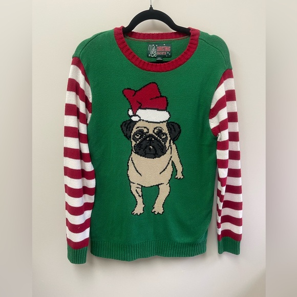 Ugly Christmas Sweater Green Pug Crewneck - Picture 1 of 6